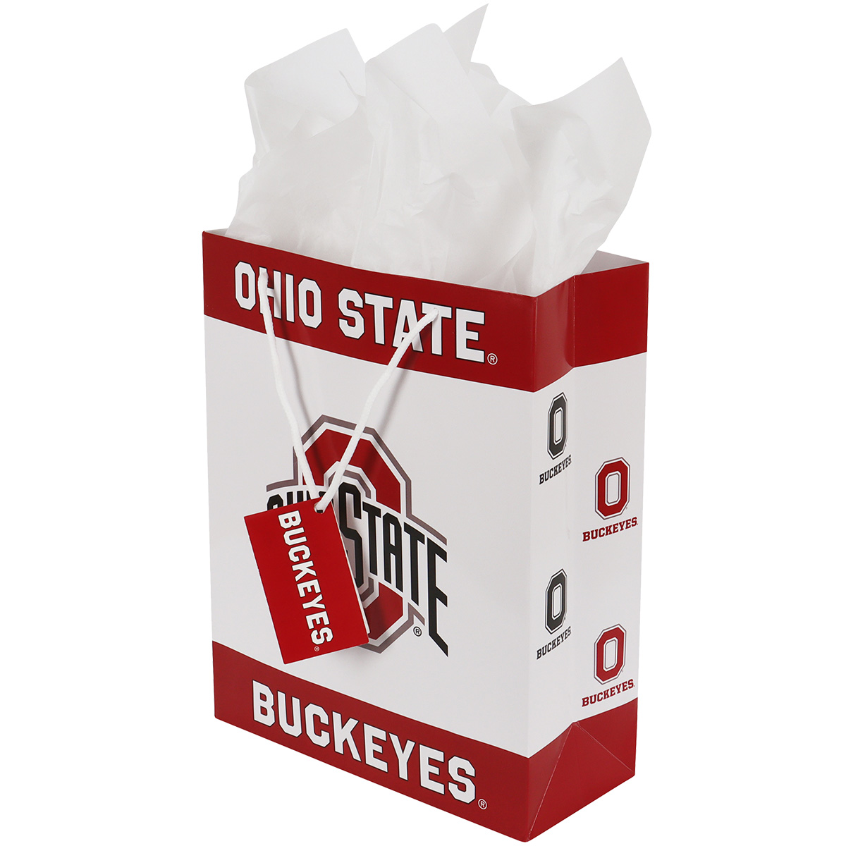 Havercamp Party Gear - Ohio State Buckeyes - Gift Bag - White Side - With Tissue - Handles Down with tag - Angle View